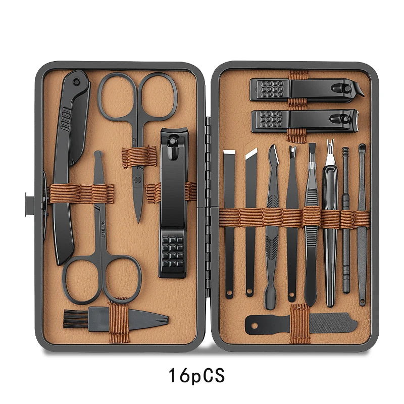8/12/15/20/24pcs black Nail clipper set Pedicure knife Stainless steel Nail beauty tool Nail Care Trimmer Portable travel box