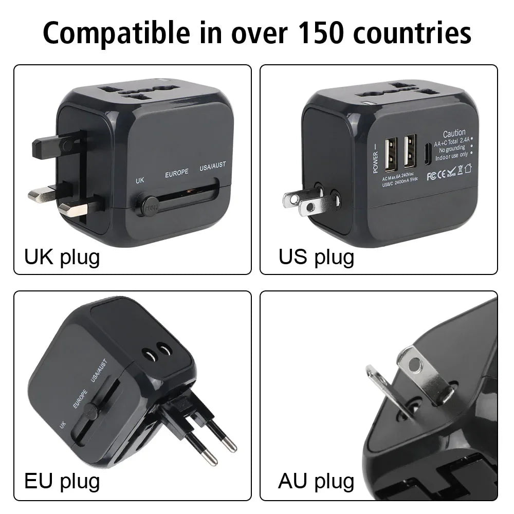 All-in-One Wall Travel Charger Adapter - US EU UK AU Plugs with 2 USB & 1 Type C