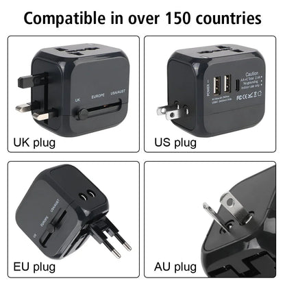 All-in-One Wall Travel Charger Adapter - US EU UK AU Plugs with 2 USB & 1 Type C