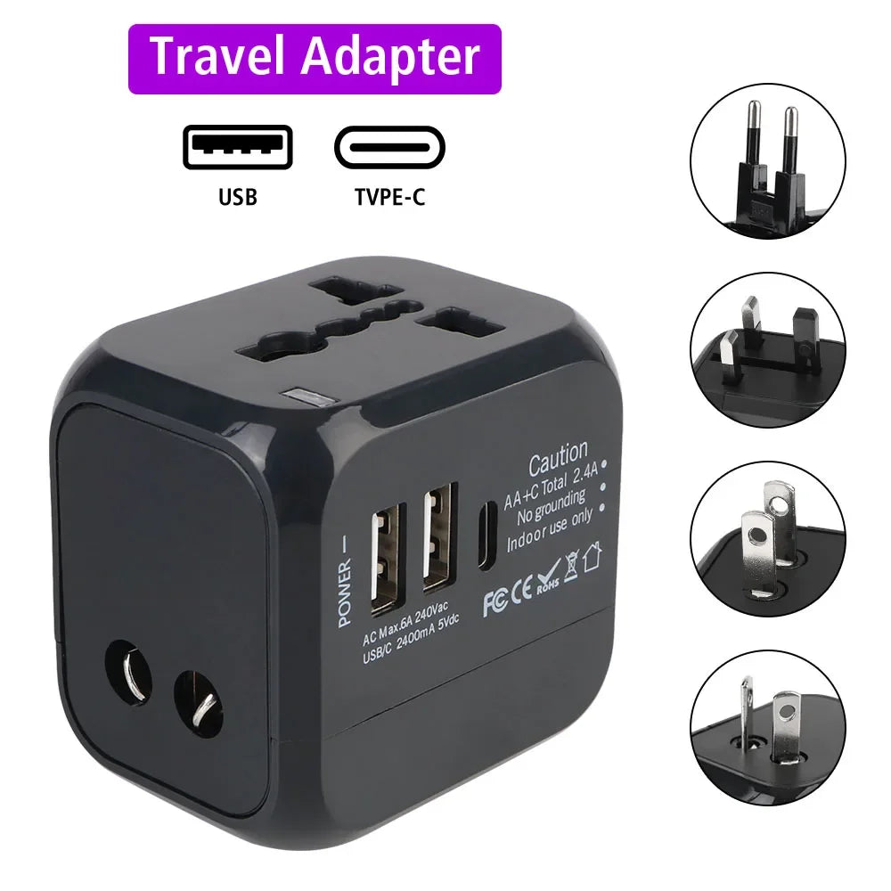 All-in-One Wall Travel Charger Adapter - US EU UK AU Plugs with 2 USB & 1 Type C