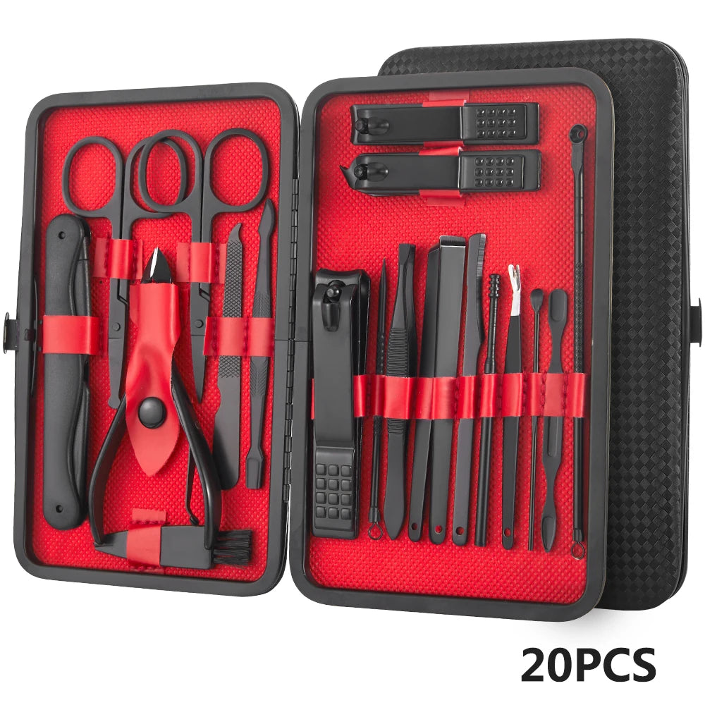 8/12/15/20/24pcs black Nail clipper set Pedicure knife Stainless steel Nail beauty tool Nail Care Trimmer Portable travel box