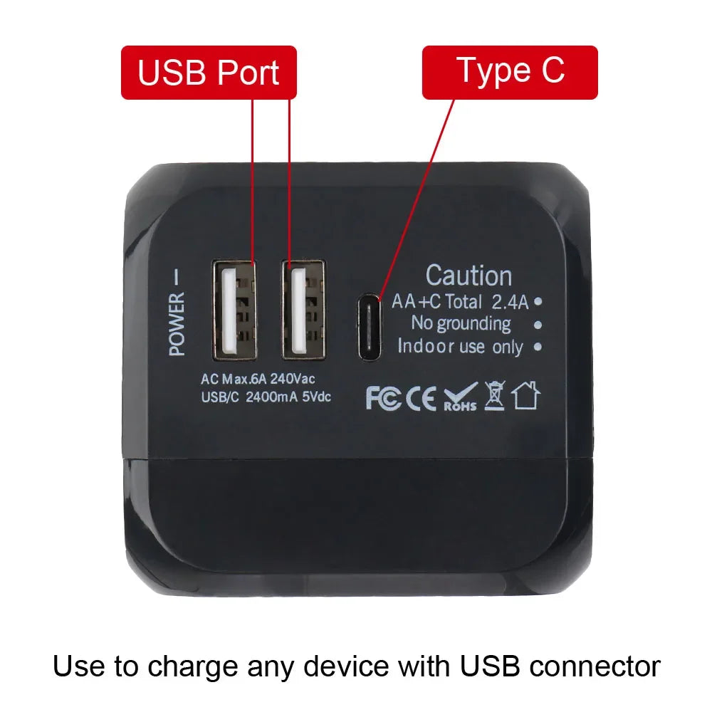All-in-One Wall Travel Charger Adapter - US EU UK AU Plugs with 2 USB & 1 Type C