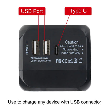 All-in-One Wall Travel Charger Adapter - US EU UK AU Plugs with 2 USB & 1 Type C