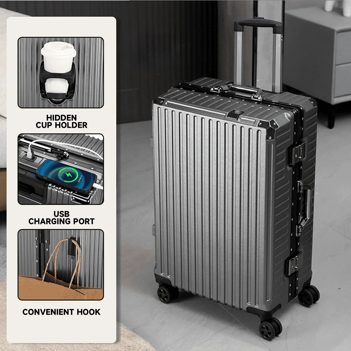 Aluminium Frame Rolling Suitcase with USB Port & Combination Lock – 20" to 26"