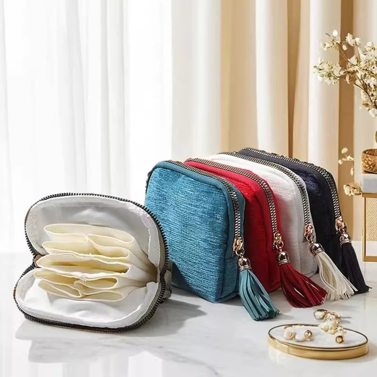 5-Layer Jewelry Storage Bag, Velvet Jewelry Pouch Bags for Watch Bracelet Rings Earring Crystal, Portable Travel Jewelry Case